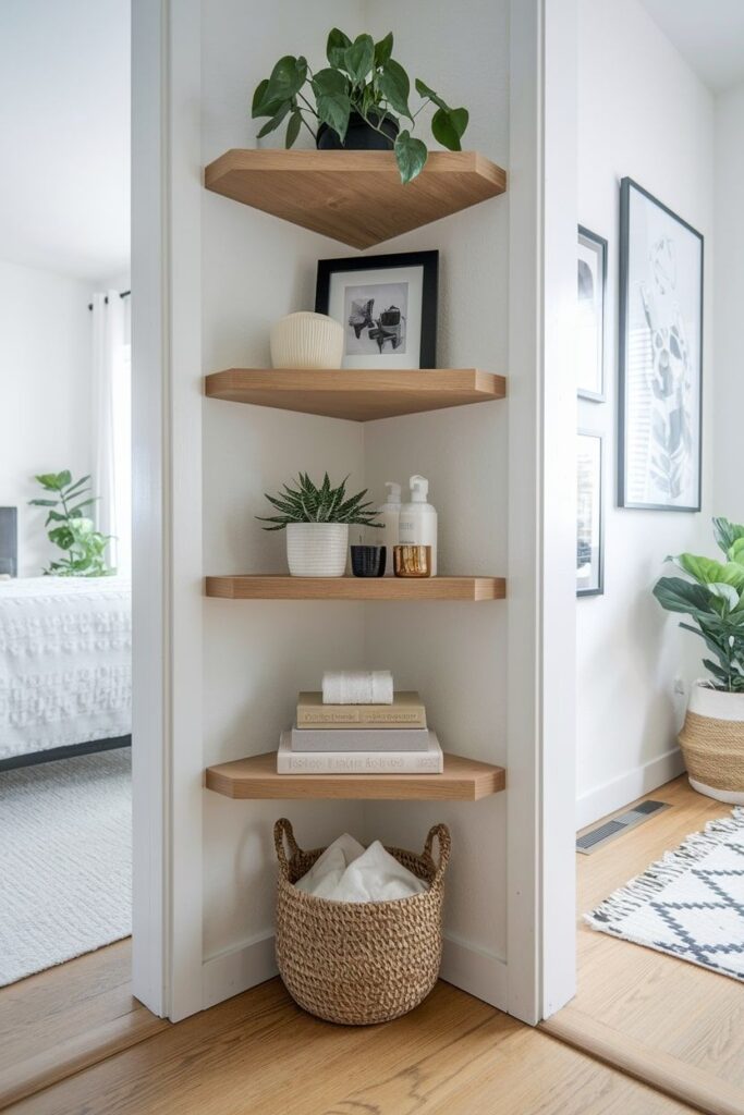 Small-Space Decorating Ideas 4 Corner wall shelves with plants, decor, books, and a woven basket. Neutral tones and minimalist design for a cozy home interior. | Sky Rye Design Corner wall shelves with plants, decor, books, and a woven basket. Neutral tones and minimalist design for a cozy home interior.