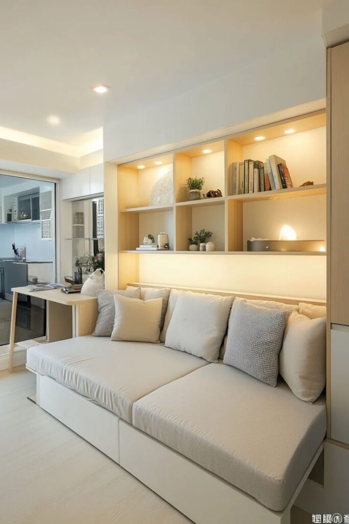 Smart Design Ideas for Small Spaces Modern living room with a cozy beige sofa, built-in bookshelf, and decorative items, enhancing small space design with natural light. | Sky Rye Design Modern living room with a cozy beige sofa, built-in bookshelf, and decorative items, enhancing small space design with natural light.