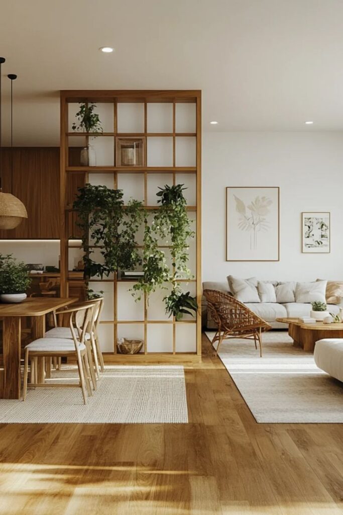 Smart Ideas for Open Concept Living Modern living room with natural wood accents, greenery, and cozy furniture, creating a warm and inviting open-concept space. | Sky Rye Design Modern living room with natural wood accents, greenery, and cozy furniture, creating a warm and inviting open-concept space.