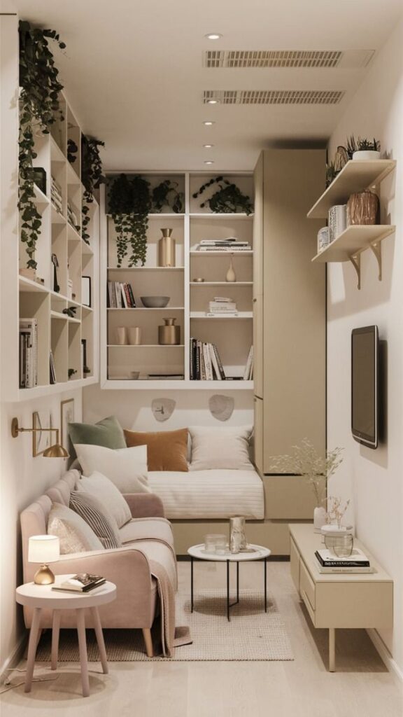 Smart Storage Solutions for Livingroom Cozy small apartment living room with light decor, stylish shelving, plants, and modern furniture for a chic, minimalist aesthetic. | Sky Rye Design Cozy small apartment living room with light decor, stylish shelving, plants, and modern furniture for a chic, minimalist aesthetic.