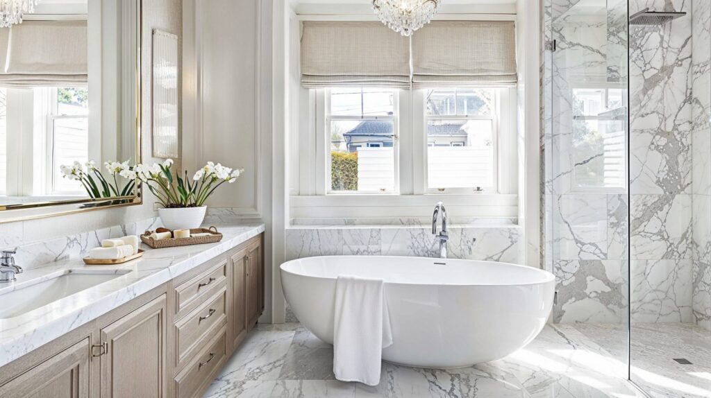 Smart-bathroom-interior-design-ideas-by-Decorilla-1-scaled Luxurious bathroom with marble accents, freestanding tub, large windows, elegant chandelier, and a vanity with fresh flowers. | Sky Rye Design Luxurious bathroom with marble accents, freestanding tub, large windows, elegant chandelier, and a vanity with fresh flowers.
