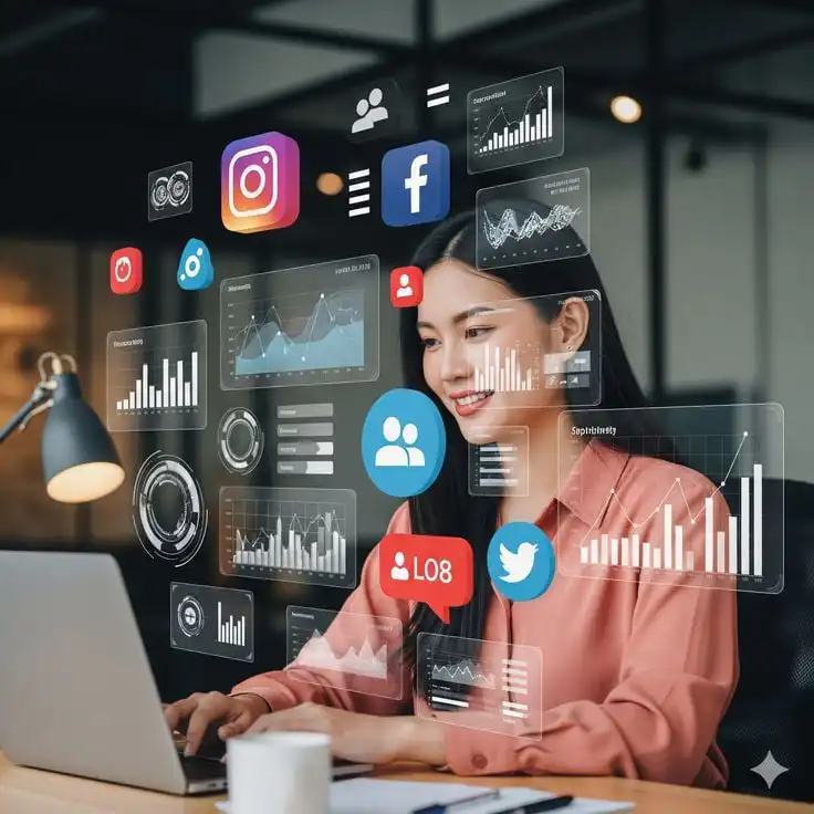 Woman analyzing social media analytics on laptop in an office, surrounded by digital graphs and social media icons.