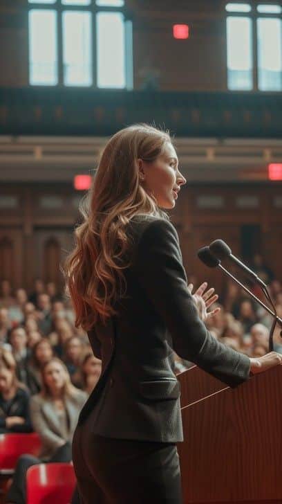 A woman giving a motivational speech in front of an audience at a conference, emphasizing leadership and public speaking skills.