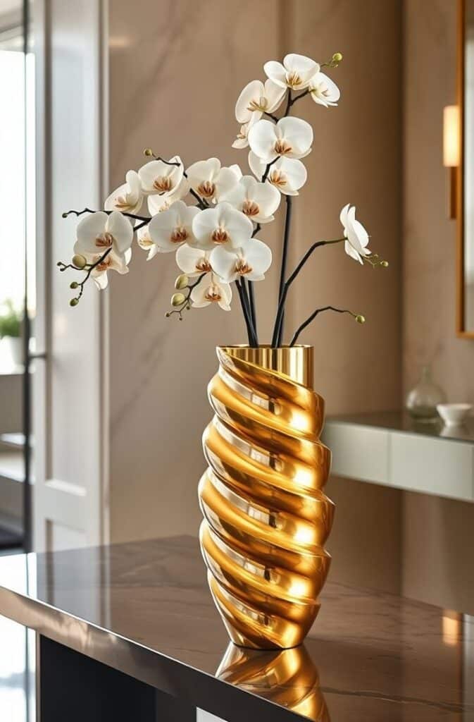 Spiral Gold Vase with Orchids Luxury Entryway Console Decor Elegant white orchids in a twisted gold vase, placed on a wooden table in a modern interior, showcasing luxury floral decor. | Sky Rye Design Elegant white orchids in a twisted gold vase, placed on a wooden table in a modern interior, showcasing luxury floral decor.