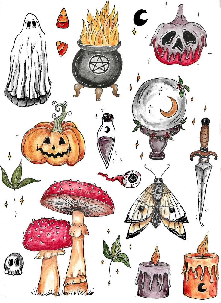 Spooky Collection _ Aquarell und Tuschezeichnung von gruseligen Gegenständen Halloween-themed illustration featuring ghost, pumpkin, cauldron, mushrooms, candles, and mystical objects for a spooky, magical vibe. | Sky Rye Design Halloween-themed illustration featuring ghost, pumpkin, cauldron, mushrooms, candles, and mystical objects for a spooky, magical vibe.