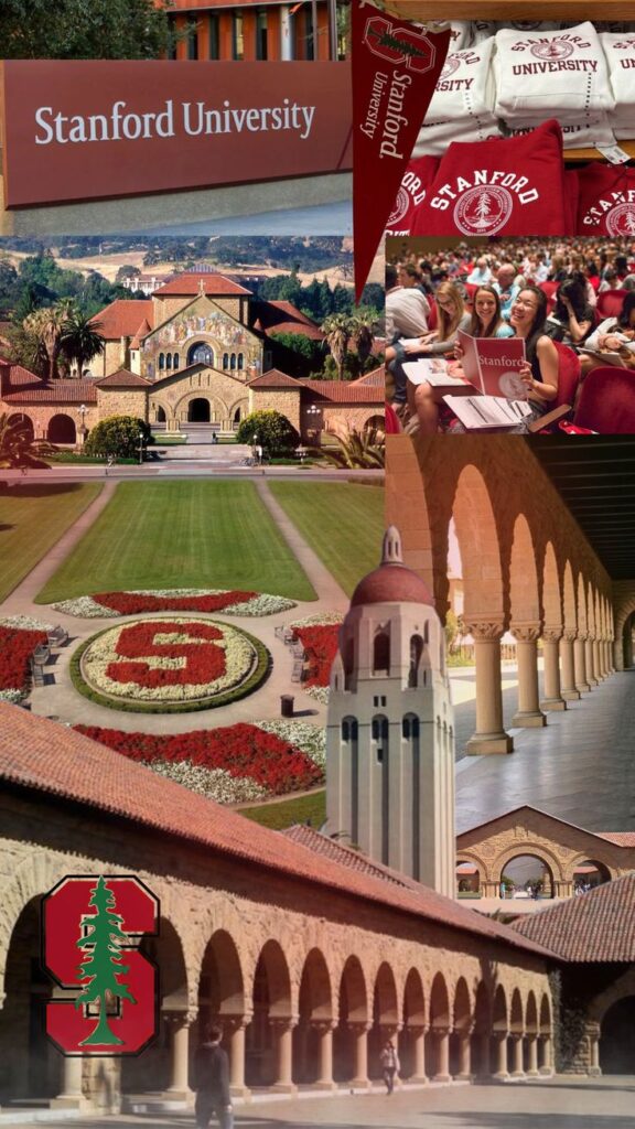 Stanford University Collage showcasing Stanford University campus landmarks, logo, merchandise, students, and iconic architecture. Vibrant and inviting atmosphere. | Sky Rye Design Collage showcasing Stanford University campus landmarks, logo, merchandise, students, and iconic architecture. Vibrant and inviting atmosphere.