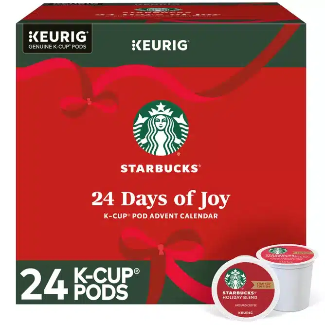 Red Starbucks advent calendar box with Keurig K-Cup pods, labeled 24 Days of Joy, featuring holiday blend coffee for festive celebrations.