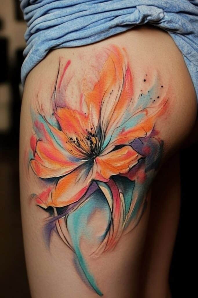 Stunning Watercolor Tattoo Ideas to Inspire Your Next Ink Watercolor-style orange and blue floral tattoo on a person's thigh, showcasing vibrant petals and artistic splashes. | Sky Rye Design Watercolor-style orange and blue floral tattoo on a person's thigh, showcasing vibrant petals and artistic splashes.