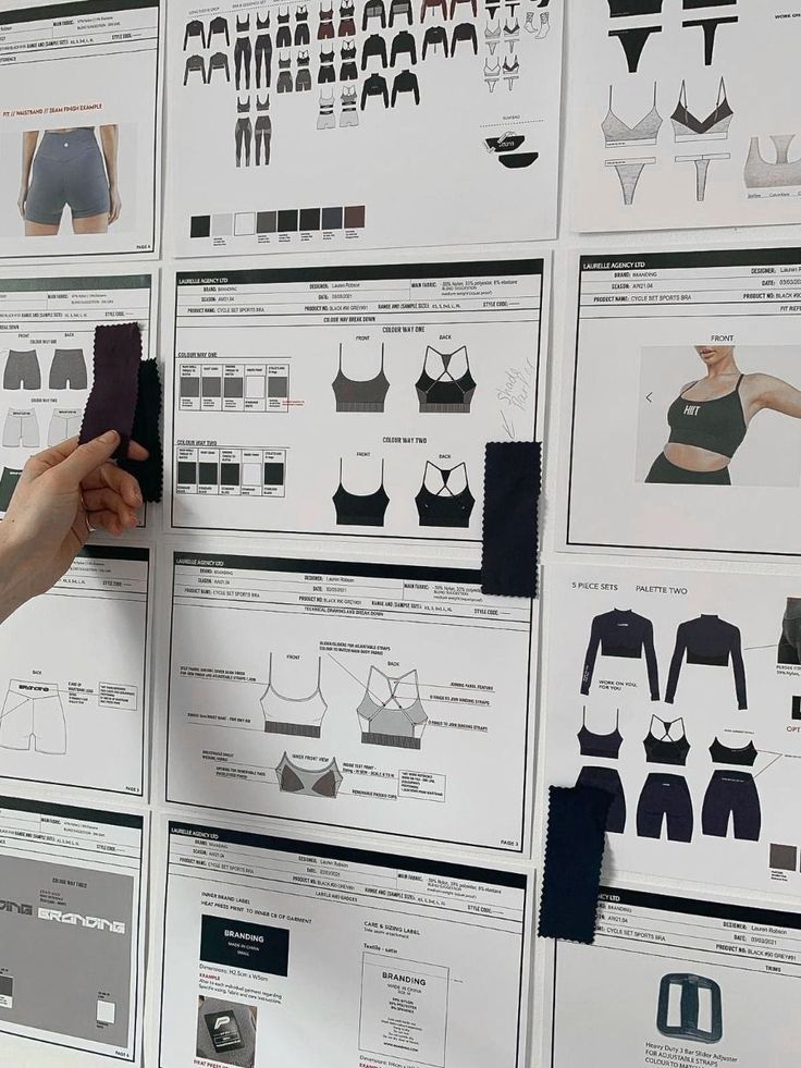 Style Tech Packs Flat Illustrations_ Create Your Collection Fashion design board showing sportswear sketches, color palettes, and fabric swatches for athletic clothing collection planning. | Sky Rye Design Fashion design board showing sportswear sketches, color palettes, and fabric swatches for athletic clothing collection planning.