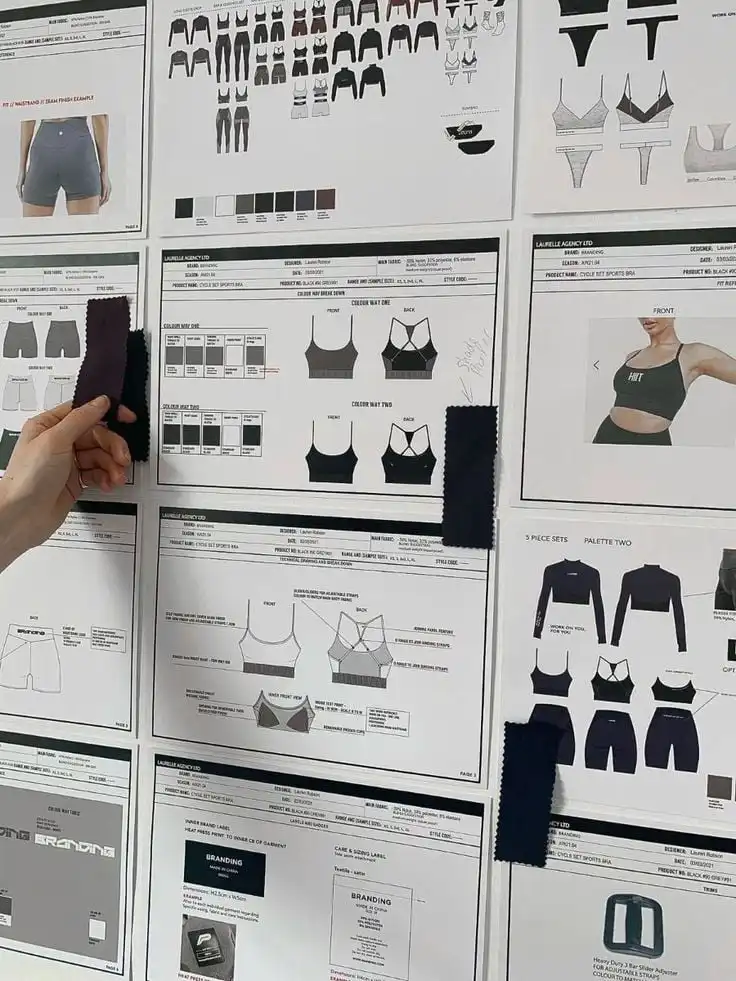 Style Tech Packs Flat Illustrations_ Create Your Collection Fashion design board showing sportswear sketches, color palettes, and fabric swatches for athletic clothing collection planning. | Sky Rye Design Fashion design board showing sportswear sketches, color palettes, and fabric swatches for athletic clothing collection planning.