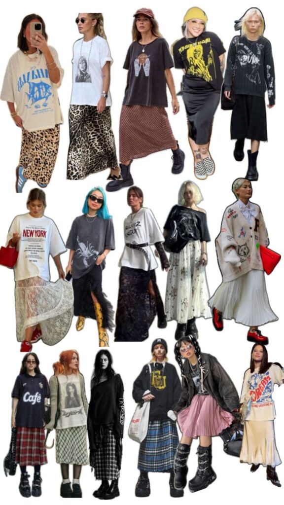 Styling_ Stylish collage of women in chic streetwear: oversized shirts, graphic tees, and patterned skirts, embodying urban fashion trends. | Sky Rye Design Stylish collage of women in chic streetwear: oversized shirts, graphic tees, and patterned skirts, embodying urban fashion trends.