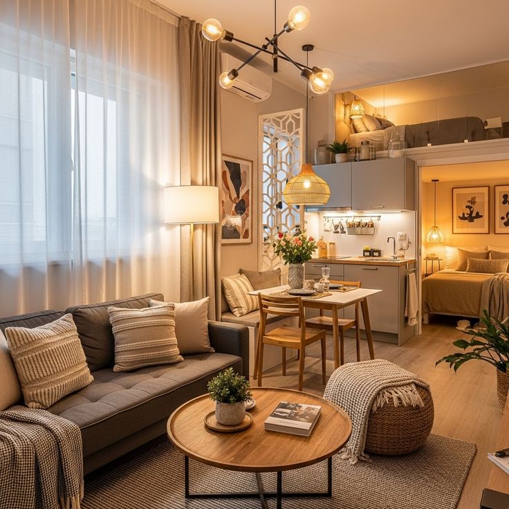 Stylish Living Room Design Ideas Cozy studio apartment with stylish decor, featuring a modern kitchen, dining area, and a comfortable living space with warm lighting. | Sky Rye Design Cozy studio apartment with stylish decor, featuring a modern kitchen, dining area, and a comfortable living space with warm lighting.