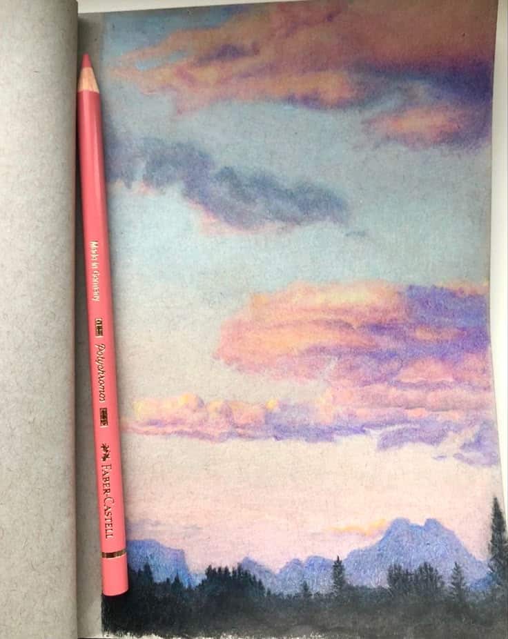 Sunset over Glacier Drawing of a vibrant sunset with pink clouds over a mountainous landscape, accompanied by a matching pink colored pencil. | Sky Rye Design Drawing of a vibrant sunset with pink clouds over a mountainous landscape, accompanied by a matching pink colored pencil.