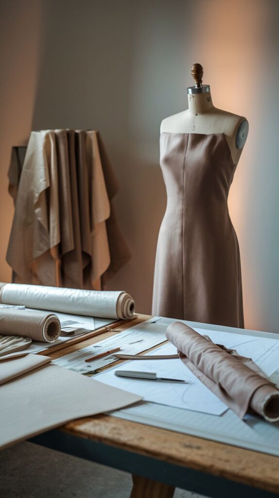 Sustainable Fashion 2025_ Elegant Timeless Zero-Waste Style Tailoring studio with a dress on mannequin, fabric rolls, and design sketches on table, showcasing fashion design process. | Sky Rye Design Tailoring studio with a dress on mannequin, fabric rolls, and design sketches on table, showcasing fashion design process.