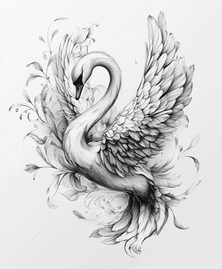 Swan Line Art Illustrated swan with detailed feathers and floral elements, showcasing elegance and grace in monochrome art style. | Sky Rye Design Illustrated swan with detailed feathers and floral elements, showcasing elegance and grace in monochrome art style.