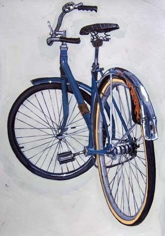 Taliah Lempert Illustration of a vintage blue bicycle with a metallic rear fender and flame motif, showcasing a classic design and black handlebars. | Sky Rye Design Illustration of a vintage blue bicycle with a metallic rear fender and flame motif, showcasing a classic design and black handlebars.