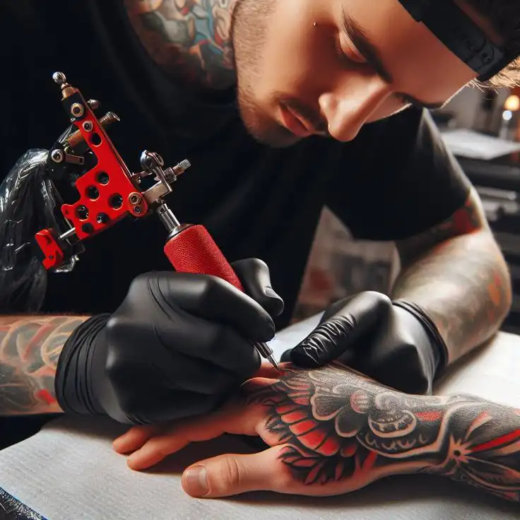 Tattoo artist in black gloves using a tattoo machine to ink colorful design on client's hand in studio.