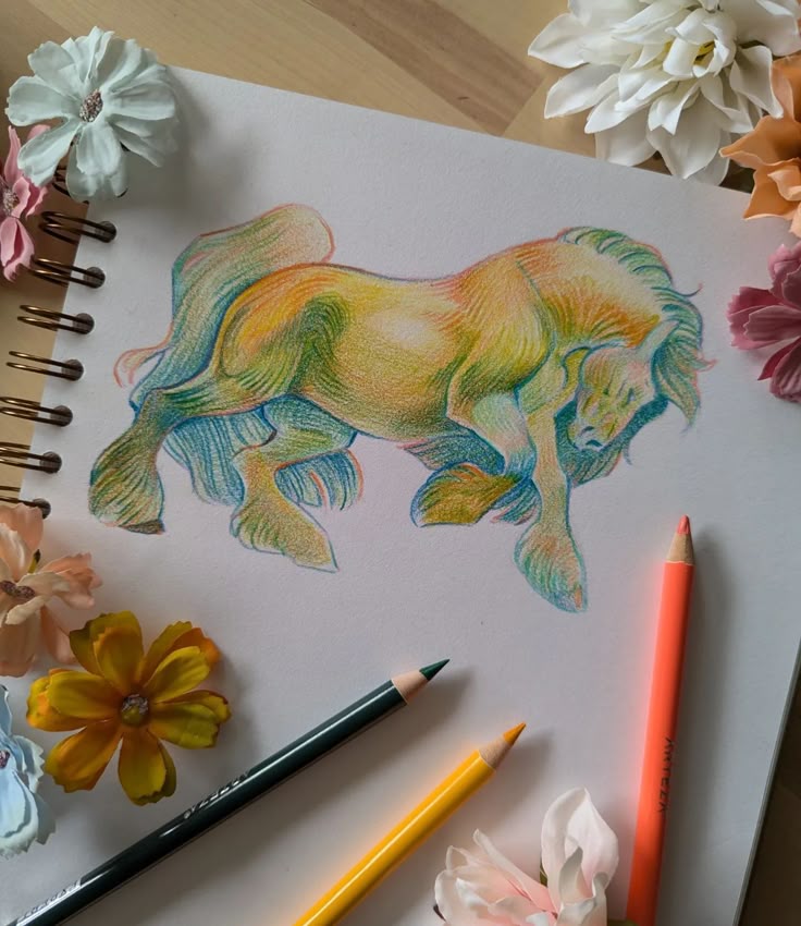 Tell me a horse breed and a colour perhaps Ill be inspired_ 🥰😘🙏🏼 horseillustration colouredpencilart artezacoloredpencils artezaofficial Colorful horse drawing with pencils and flowers on a sketchbook, showcasing vibrant artistic creativity and natural floral beauty. | Sky Rye Design Colorful horse drawing with pencils and flowers on a sketchbook, showcasing vibrant artistic creativity and natural floral beauty.