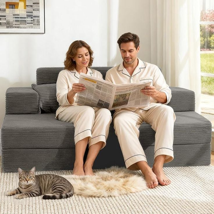 Couple in matching pajamas reading a newspaper on a gray sofa, with a tabby cat resting on a rug nearby. Cozy morning scene.