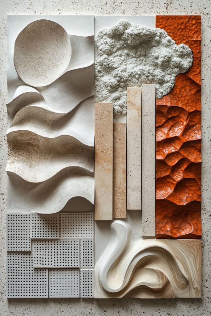 Textured materials collage with wavy, perforated, and layered patterns in shades of beige and orange on a stone backdrop. Abstract design.