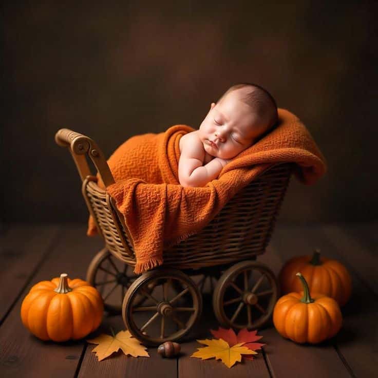 Thanksgiving Digital Backdrop - Fall Newborn Digital Background Newborn Face Insert Pumpkin Composite Autumn Backdrop Photography Sleeping baby in a wicker basket with orange blanket, surrounded by pumpkins and autumn leaves on a wooden floor. Cozy fall scene. | Sky Rye Design Sleeping baby in a wicker basket with orange blanket, surrounded by pumpkins and autumn leaves on a wooden floor. Cozy fall scene.