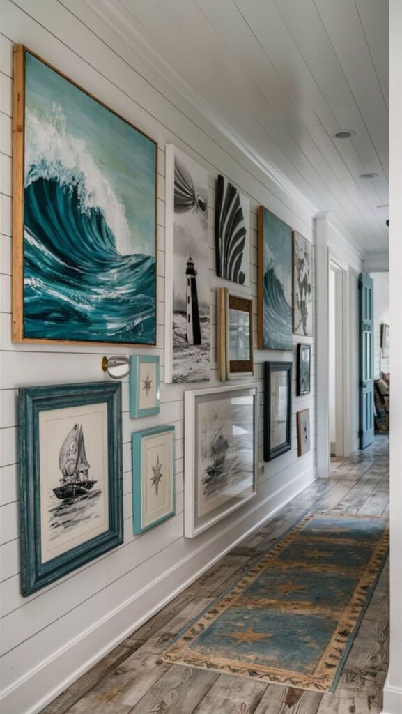 Coastal-themed gallery wall in hallway with wave and lighthouse art, wooden floor, and nautical rug for a serene beach house vibe.