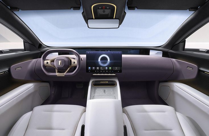 Futuristic car interior with digital dashboard display, minimalist steering wheel, and sleek design. Perfect blend of technology and style.