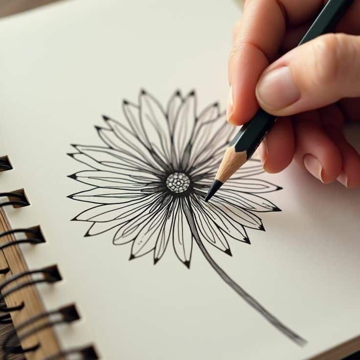 Hand drawing a detailed flower sketch with a pencil on white paper in a spiral notebook, showcasing artistic creativity in monochrome design.