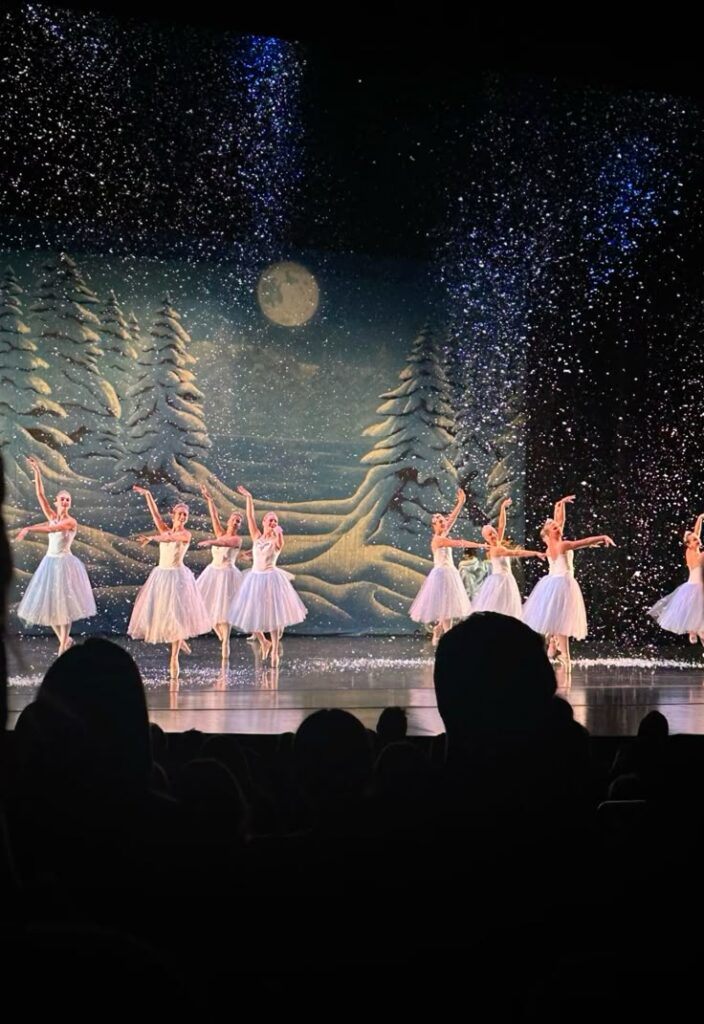The Nutcracker Ballet dancers perform in a snowy, winter-themed setting under a moonlit night, captivating an audience with grace and elegance. | Sky Rye Design Ballet dancers perform in a snowy, winter-themed setting under a moonlit night, captivating an audience with grace and elegance.
