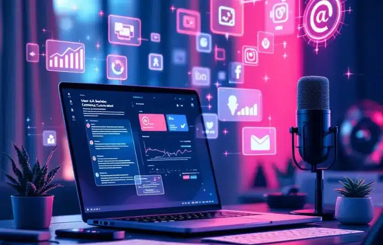 The-Rise-of-AI-Generated-Content-in-Media-How-AI-is-Reshaping-the-Information-Landscape Laptop displaying analytics with social media icons floating above, alongside a microphone, symbolizing digital marketing and engagement. | Sky Rye Design Laptop displaying analytics with social media icons floating above, alongside a microphone, symbolizing digital marketing and engagement.