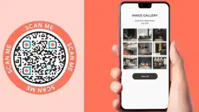 QR code and smartphone displaying an apartment image gallery for interior design. Ideal for quick access and browsing design ideas.