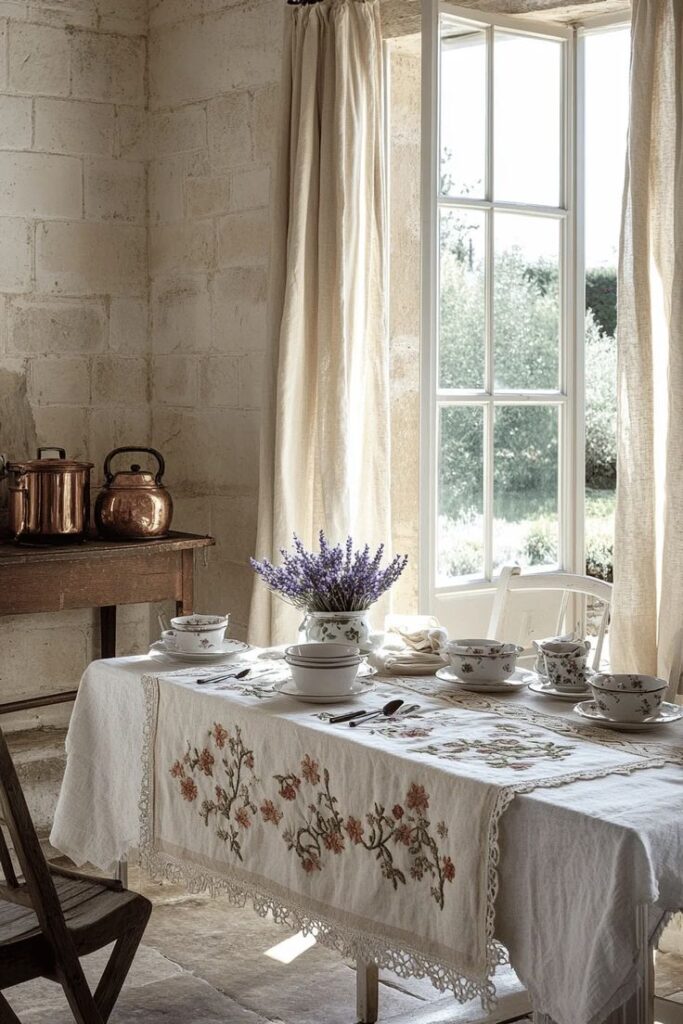 The Timeless Appeal Of French Country House Interiors - Edward George Rustic dining room with a floral tablecloth, lavender centerpiece, and vintage dishes by a sunlit window and stone walls. Cozy and elegant. | Sky Rye Design Rustic dining room with a floral tablecloth, lavender centerpiece, and vintage dishes by a sunlit window and stone walls. Cozy and elegant.