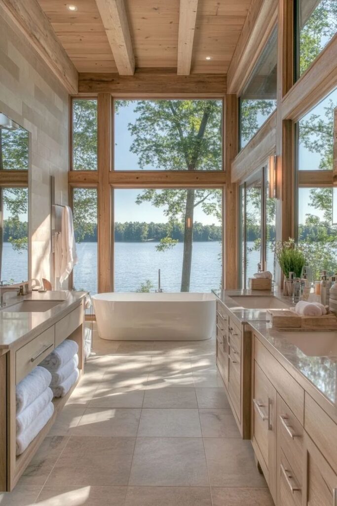 The Ultimate Guide To Designing Your Dream Lake House_ Inspired By Lake Tahoe - Edward George 1 Luxurious bathroom with a freestanding tub, large windows offering a serene lake view, and elegant wooden accents for a relaxing ambiance. | Sky Rye Design Luxurious bathroom with a freestanding tub, large windows offering a serene lake view, and elegant wooden accents for a relaxing ambiance.