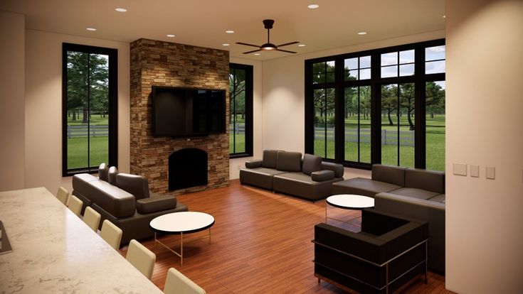 The Vatican_ Modern Italian Farmhouse - 7 Bedrooms 4_5 Bathrooms Multigenerational House Plan - Etsy Canada Modern living room with large windows, a stone fireplace, gray sofas, and round white tables, overlooking a lush green landscape. | Sky Rye Design Modern living room with large windows, a stone fireplace, gray sofas, and round white tables, overlooking a lush green landscape.