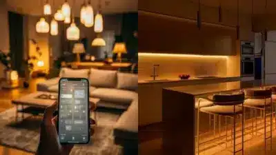 Modern living room and kitchen with smart home lighting control via smartphone, showcasing ambient and stylish interior design.