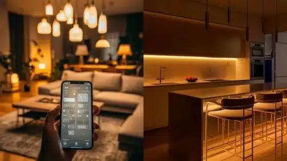 The-of-Flicker-is-Here-Why-LEDs-Are-the-Next-Big-Thing-in-Home-Decor Modern living room and kitchen with smart home lighting control via smartphone, showcasing ambient and stylish interior design. | Sky Rye Design Modern living room and kitchen with smart home lighting control via smartphone, showcasing ambient and stylish interior design.