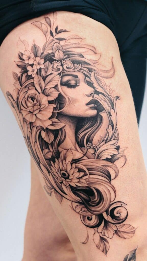 Thigh Fineline Tattoo for Girls Ornate floral tattoo design with a woman's face on a leg, featuring detailed flowers, leaves, and flowing hair in black ink. | Sky Rye Design Ornate floral tattoo design with a woman's face on a leg, featuring detailed flowers, leaves, and flowing hair in black ink.