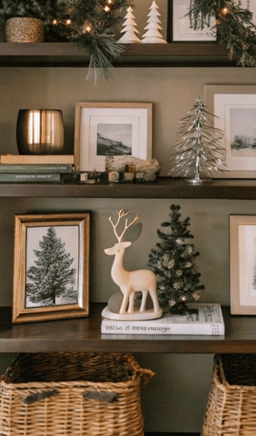 Things To Do In December_ Self + Home Improvement Ideas Festive holiday shelf decor featuring framed nature prints, mini trees, a white reindeer figure, and cozy woven baskets for a warm atmosphere. | Sky Rye Design Festive holiday shelf decor featuring framed nature prints, mini trees, a white reindeer figure, and cozy woven baskets for a warm atmosphere.