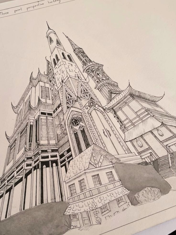 Three point perspective drawing Intricate architectural sketch of a building with Gothic and Asian influences, showcasing detailed designs and three-point perspective. | Sky Rye Design Intricate architectural sketch of a building with Gothic and Asian influences, showcasing detailed designs and three-point perspective.