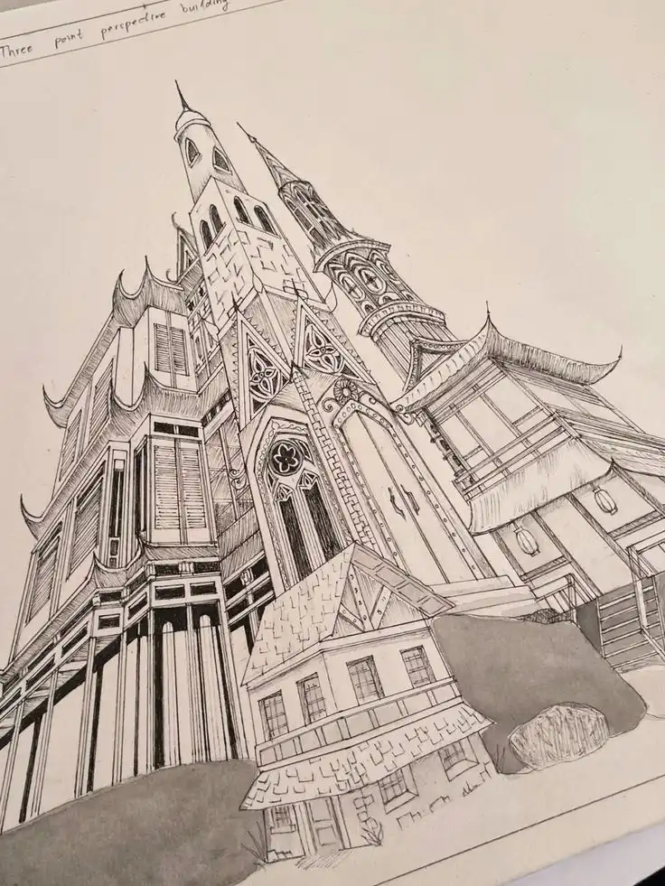 Intricate architectural sketch of a building with Gothic and Asian influences, showcasing detailed designs and three-point perspective.