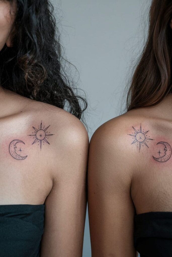 Tiny Sun and Moon on the Collarbone Two women with matching minimalist sun and moon tattoos on their shoulders, symbolizing unity and balance. | Sky Rye Design Two women with matching minimalist sun and moon tattoos on their shoulders, symbolizing unity and balance.