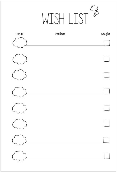 To Do and Wish Lists for Pocket Personal and A5 _ Wendaful Planning Planners Productivity Organization Blank wish list template with columns for price, product, and purchased items, featuring checkboxes for tracking. Ideal for organizing gift ideas. | Sky Rye Design Blank wish list template with columns for price, product, and purchased items, featuring checkboxes for tracking. Ideal for organizing gift ideas.