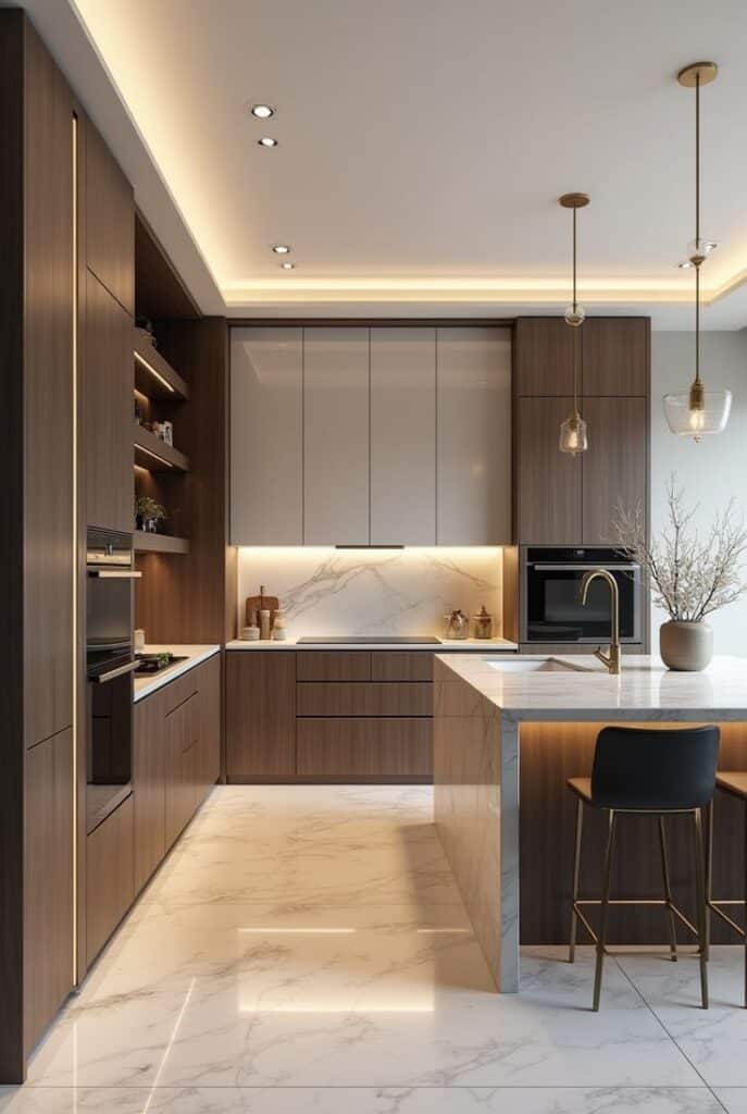 _Top 2025 Kitchen Design Trends_ Modern Luxury Style Modern kitchen with sleek wooden cabinets, marble countertops, and pendant lighting, creating a stylish and functional cooking space. | Sky Rye Design Modern kitchen with sleek wooden cabinets, marble countertops, and pendant lighting, creating a stylish and functional cooking space.