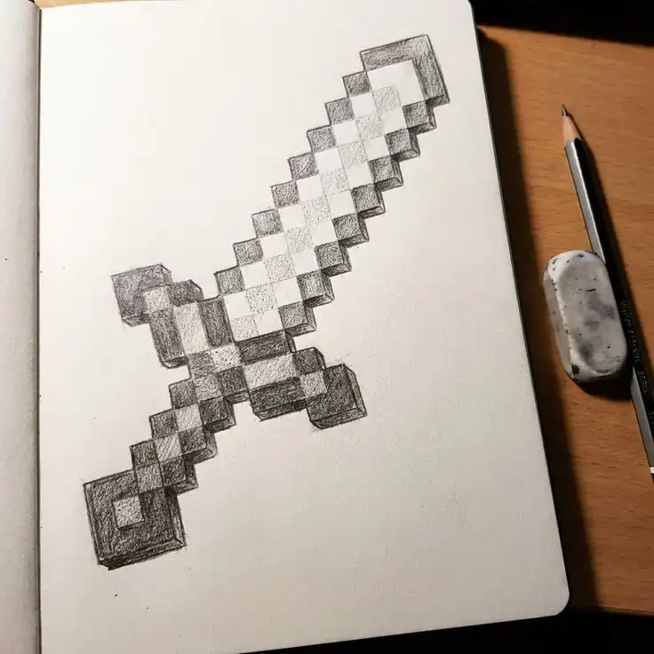Pencil sketch of a pixelated sword on paper with an eraser and pencil beside it, inspired by video game design on a wooden desk. easy minecraft sword drawing