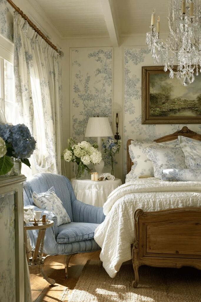 Transform Your French Country Bedrooms_ Timeless Master Bedrooms Decor Elegant vintage bedroom with floral wallpaper, cozy armchair, wooden bed, and crystal chandelier, featuring blue and white decor accents. | Sky Rye Design Elegant vintage bedroom with floral wallpaper, cozy armchair, wooden bed, and crystal chandelier, featuring blue and white decor accents.