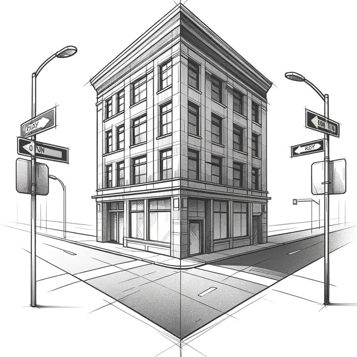 Transform Your Sketches with Perspective Drawing Magic Sketch of a classic four-story building at the corner of two streets, featuring street signs and lampposts, illustrating urban architecture. | Sky Rye Design Sketch of a classic four-story building at the corner of two streets, featuring street signs and lampposts, illustrating urban architecture.