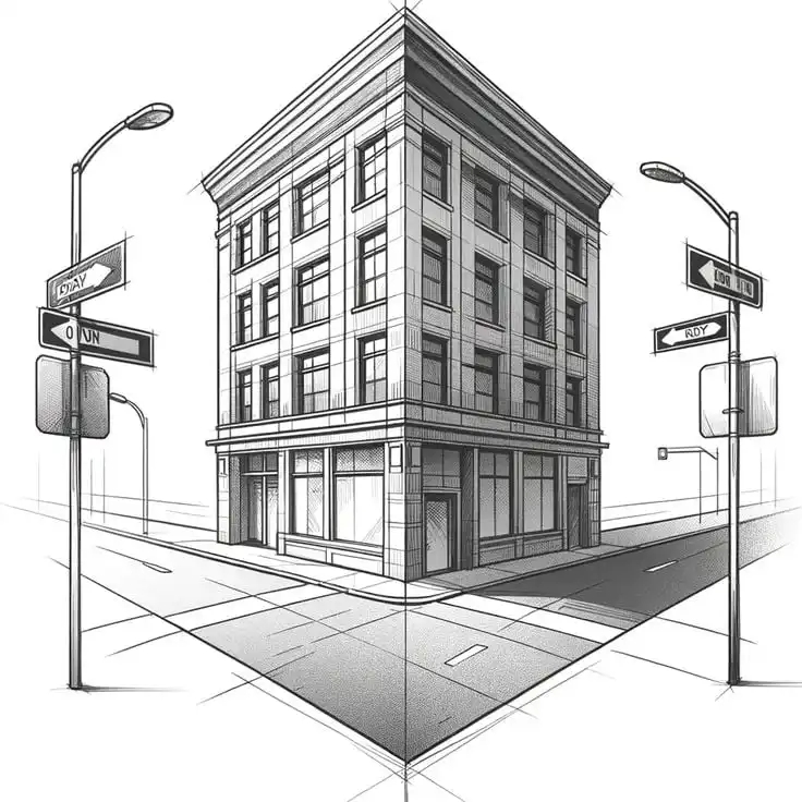Sketch of a classic four-story building at the corner of two streets, featuring street signs and lampposts, illustrating urban architecture.