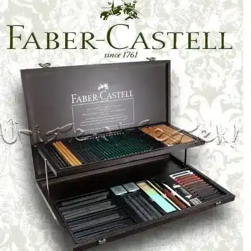 UFFC112970 Elegant Faber-Castell art set with pencils and tools in a wooden case, ideal for artists seeking high-quality drawing supplies. | Sky Rye Design Elegant Faber-Castell art set with pencils and tools in a wooden case, ideal for artists seeking high-quality drawing supplies.