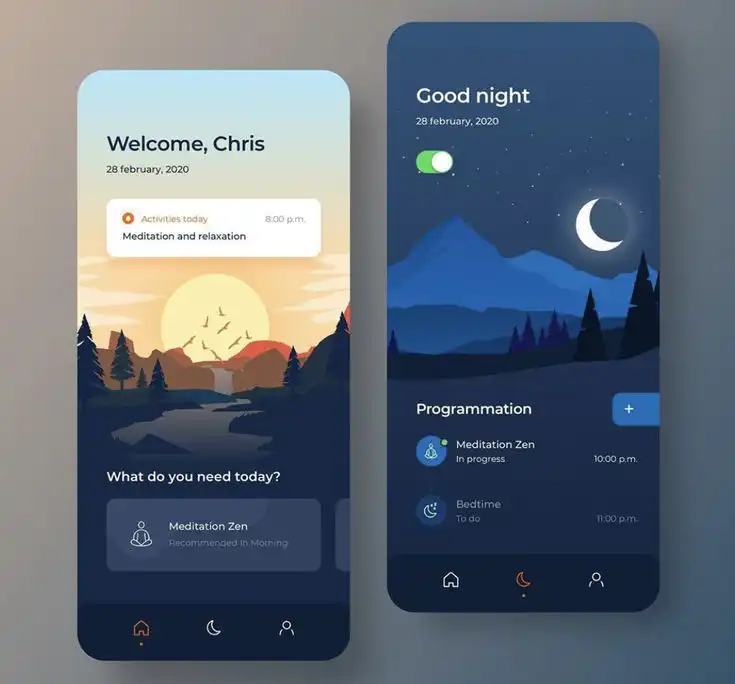 Mobile app UI with day and night themes showcasing meditation schedules and activities for relaxation and well-being, set for February 28, 2020.