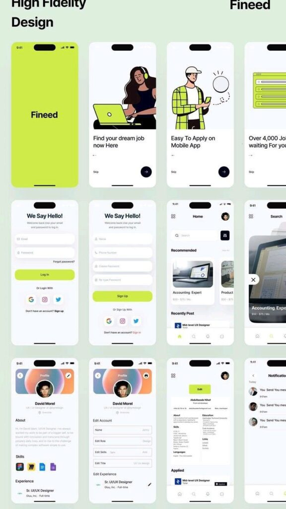UI UX design Mobile app UI screens for Fineed, showcasing features like job search, login, profile settings, and notifications for job seekers. | Sky Rye Design Mobile app UI screens for Fineed, showcasing features like job search, login, profile settings, and notifications for job seekers.